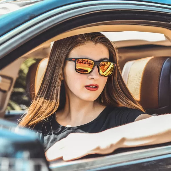 SUNGAIT Classic Square Polarized Sunglasses For Men Women Horn Rimmed Design Black Matte Finish Transparent Red FrameTangerine Lens K158HEIHOKHO