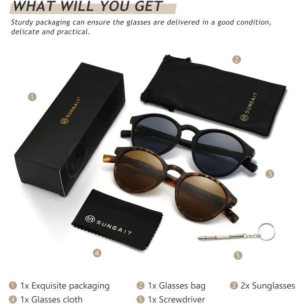 SUNGAIT Classic Vintage Round Polarized Sunglasses for Women Men Retro Style UV4002 Pack Polarized Amber Frame Brown Lensblack Frame Grey Lens