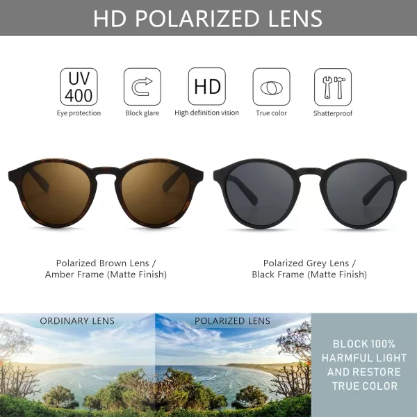 SUNGAIT Classic Vintage Round Polarized Sunglasses for Women Men Retro Style UV4002 Pack Polarized Amber Frame Brown Lensblack Frame Grey Lens