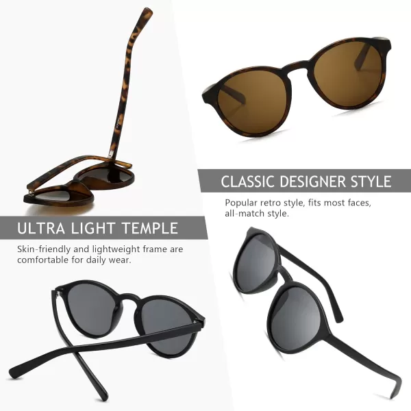 SUNGAIT Classic Vintage Round Polarized Sunglasses for Women Men Retro Style UV4002 Pack Polarized Amber Frame Brown Lensblack Frame Grey Lens