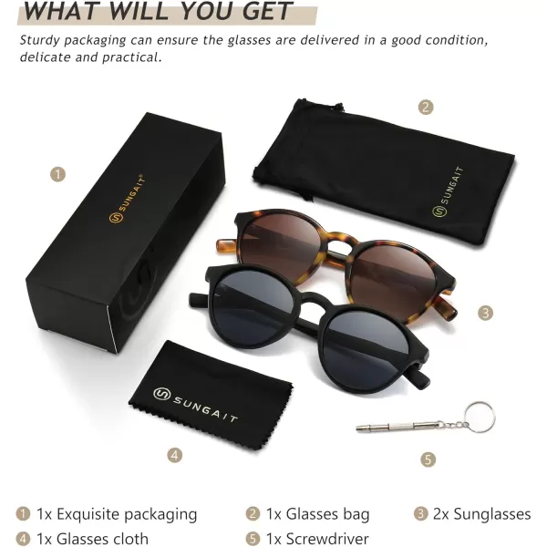 SUNGAIT Classic Vintage Round Polarized Sunglasses for Women Men Retro Style UV4002 Pack Polarized BlackGrey LeopardBrown Gradient