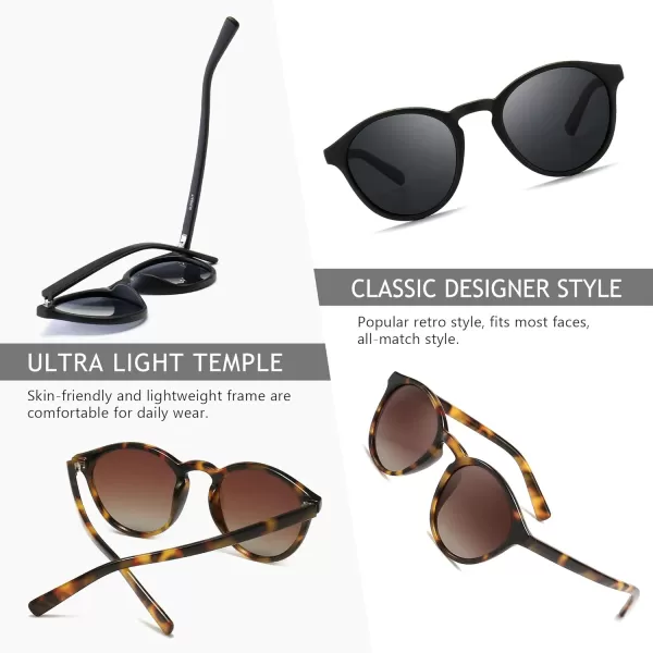 SUNGAIT Classic Vintage Round Polarized Sunglasses for Women Men Retro Style UV4002 Pack Polarized BlackGrey LeopardBrown Gradient