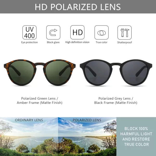 SUNGAIT Classic Vintage Round Polarized Sunglasses for Women Men Retro Style UV4002024 Amber FrameGreen Lensblack FrameGrey Lens
