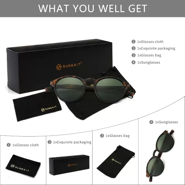SUNGAIT Classic Vintage Round Polarized Sunglasses for Women Men Retro Style UV400Amber Framematte FinishGreen Lens