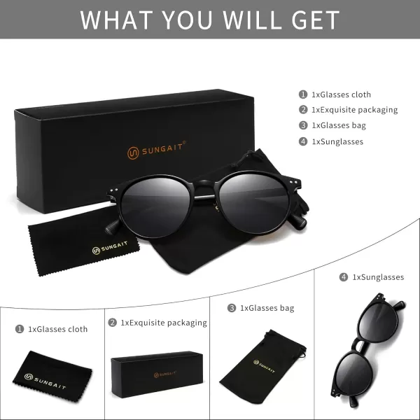 SUNGAIT Classic Vintage Round Polarized Sunglasses for Women Men Retro Style UV400Black Frameglossy FinishGrey Lens