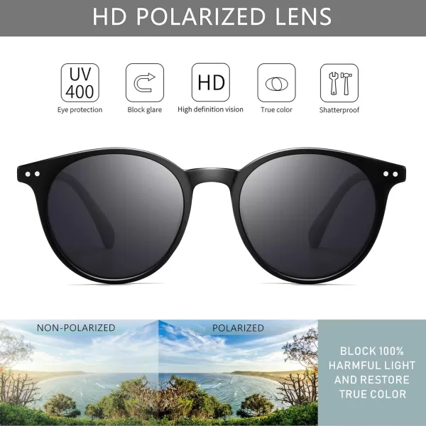 SUNGAIT Classic Vintage Round Polarized Sunglasses for Women Men Retro Style UV400Black Frameglossy FinishGrey Lens