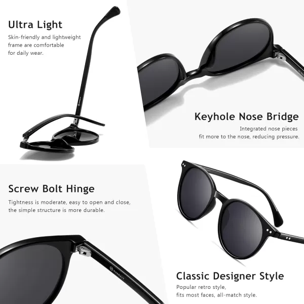 SUNGAIT Classic Vintage Round Polarized Sunglasses for Women Men Retro Style UV400Black Frameglossy FinishGrey Lens