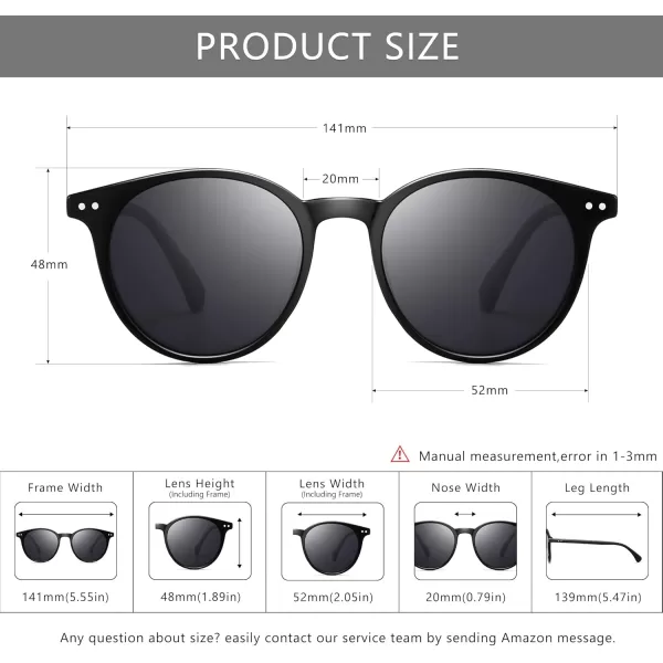 SUNGAIT Classic Vintage Round Polarized Sunglasses for Women Men Retro Style UV400Black Frameglossy FinishGrey Lens