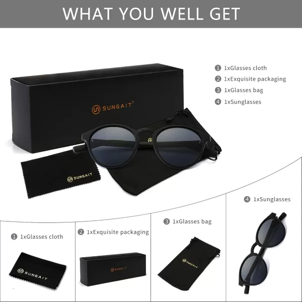 SUNGAIT Classic Vintage Round Polarized Sunglasses for Women Men Retro Style UV400Black Framematte FinishGrey Lens