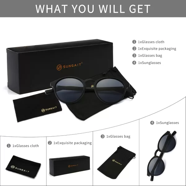 SUNGAIT Classic Vintage Round Polarized Sunglasses for Women Men Retro Style UV400Black Framematte FinishGrey Lens