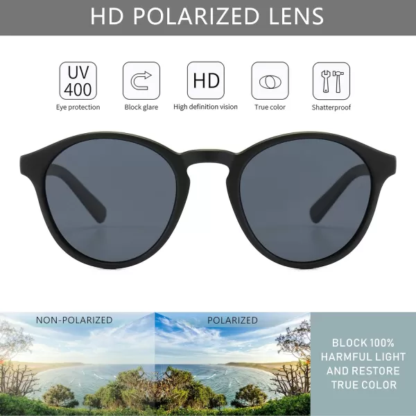 SUNGAIT Classic Vintage Round Polarized Sunglasses for Women Men Retro Style UV400Black Framematte FinishGrey Lens