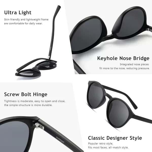 SUNGAIT Classic Vintage Round Polarized Sunglasses for Women Men Retro Style UV400Black Framematte FinishGrey Lens