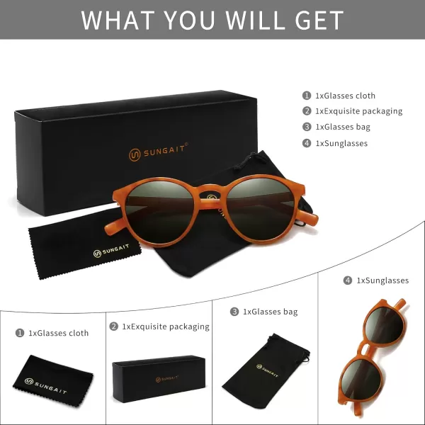 SUNGAIT Classic Vintage Round Polarized Sunglasses for Women Men Retro Style UV400Orange Tortoise FrameGreen Lens