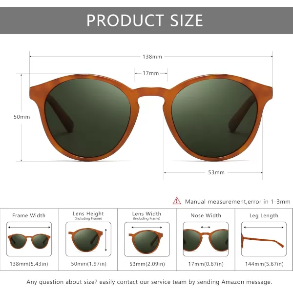 SUNGAIT Classic Vintage Round Polarized Sunglasses for Women Men Retro Style UV400Orange Tortoise FrameGreen Lens