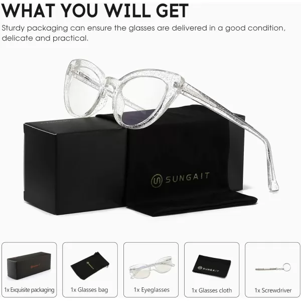 SUNGAIT Classy Cat Eye Blue Light Filter Glasses Silver Powder Frame Design for Women Transparent Silver Powder Frame 2012TMYFK