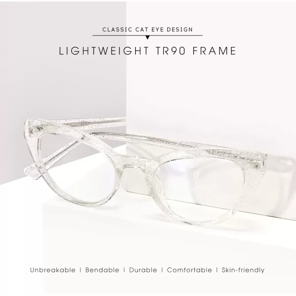 SUNGAIT Classy Cat Eye Blue Light Filter Glasses Silver Powder Frame Design for Women Transparent Silver Powder Frame 2012TMYFK