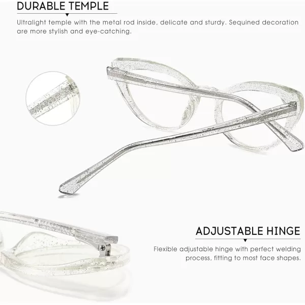 SUNGAIT Classy Cat Eye Blue Light Filter Glasses Silver Powder Frame Design for Women Transparent Silver Powder Frame 2012TMYFK