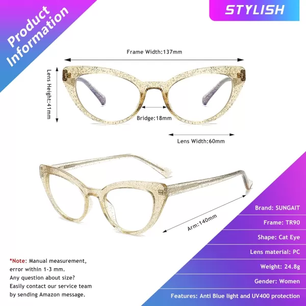 SUNGAIT Fashion Cat Eye Blue Light Blocking Glasses for Women Anti Eye Strain ampamp Glare 400 UV Computer Eyeglasses