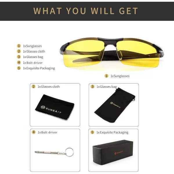 SUNGAIT HD Polarized AntiGlare Safety Sunglasses for Night Driving UV ProtectionGunmetal FrameNight Lens 8177QKYS