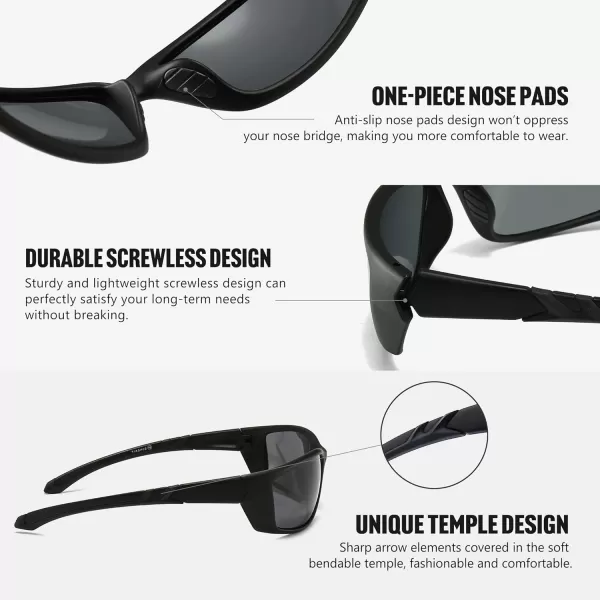SUNGAIT HD Polarized Wrap Around Sports Sunglasses for Men women Baseball Fishing and Hiking TR90 Unbreakable ShadesBlack FramePolarized Grey Lens