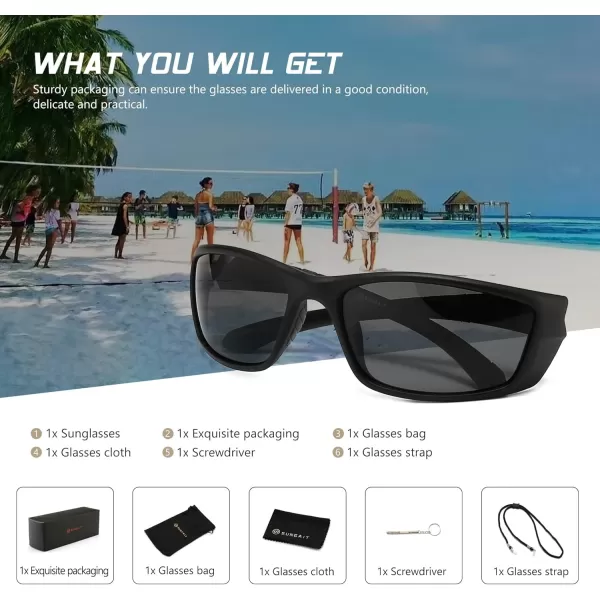 SUNGAIT HD Polarized Wrap Around Sports Sunglasses for Men women Baseball Fishing and Hiking TR90 Unbreakable ShadesBlack FramePolarized Grey Lens