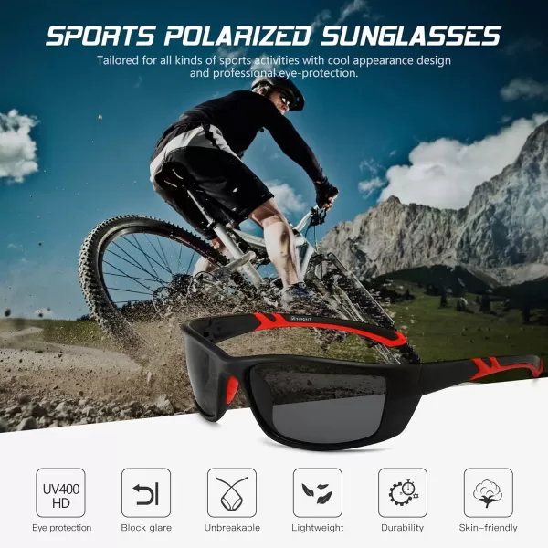 SUNGAIT HD Polarized Wrap Around Sports Sunglasses for Men women Baseball Fishing and Hiking TR90 Unbreakable ShadesBlack Red FramePolarized Grey Lens