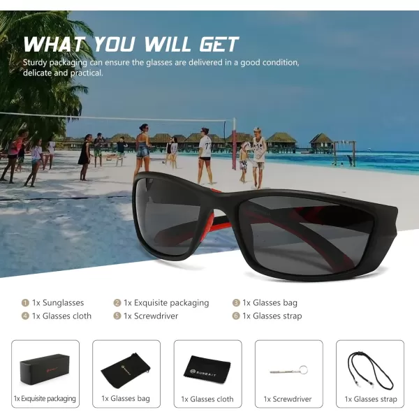 SUNGAIT HD Polarized Wrap Around Sports Sunglasses for Men women Baseball Fishing and Hiking TR90 Unbreakable ShadesBlack Red FramePolarized Grey Lens