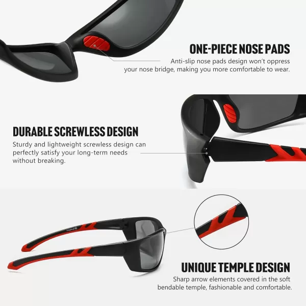 SUNGAIT HD Polarized Wrap Around Sports Sunglasses for Men women Baseball Fishing and Hiking TR90 Unbreakable ShadesBlack Red FramePolarized Grey Lens