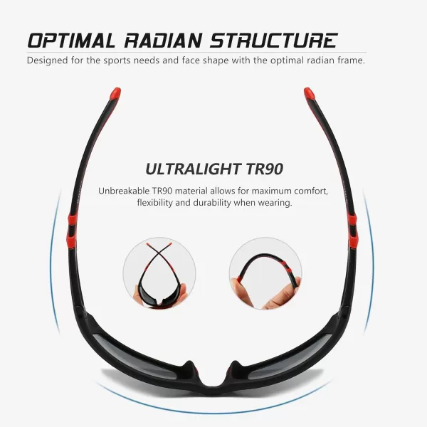 SUNGAIT HD Polarized Wrap Around Sports Sunglasses for Men women Baseball Fishing and Hiking TR90 Unbreakable ShadesBlack Red FramePolarized Grey Lens