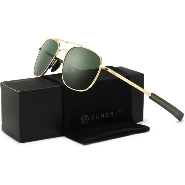 SUNGAIT Mens Military Style Polarized Pilot Aviator Sunglasses Bayonet Temples2024 Gold FrameGreen Lens