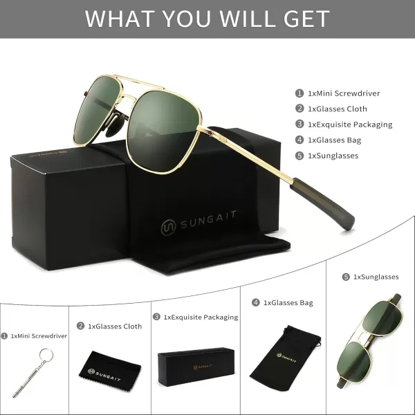 SUNGAIT Mens Military Style Polarized Pilot Aviator Sunglasses Bayonet Temples2024 Gold FrameGreen Lens
