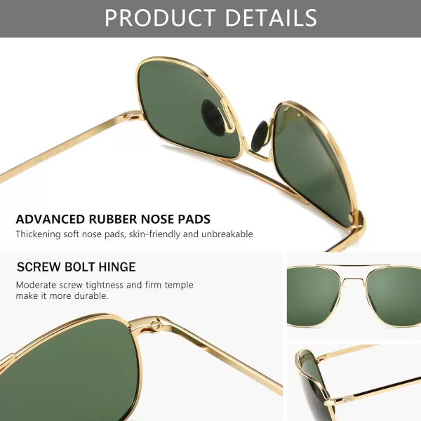 SUNGAIT Mens Military Style Polarized Pilot Aviator Sunglasses Bayonet Temples2024 Gold FrameGreen Lens