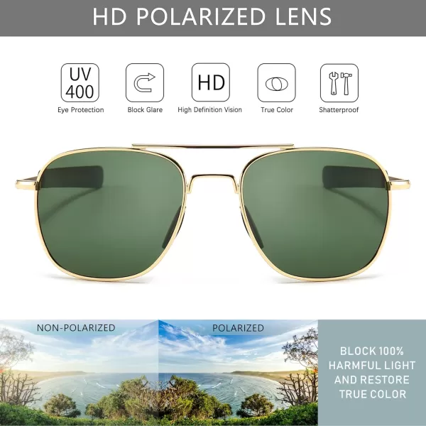 SUNGAIT Mens Military Style Polarized Pilot Aviator Sunglasses Bayonet Temples2024 Gold FrameGreen Lens