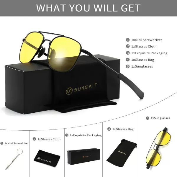 SUNGAIT Mens Military Style Polarized Pilot Aviator Sunglasses Bayonet TemplesBlack FrameYellow Lens