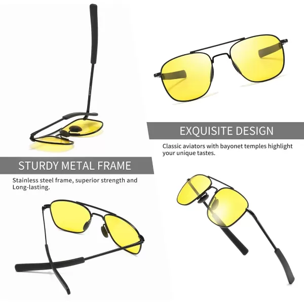 SUNGAIT Mens Military Style Polarized Pilot Aviator Sunglasses Bayonet TemplesBlack FrameYellow Lens