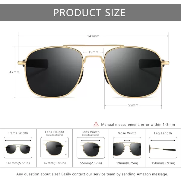 SUNGAIT Mens Military Style Polarized Pilot Aviator Sunglasses Bayonet TemplesGold FrameGray Lens