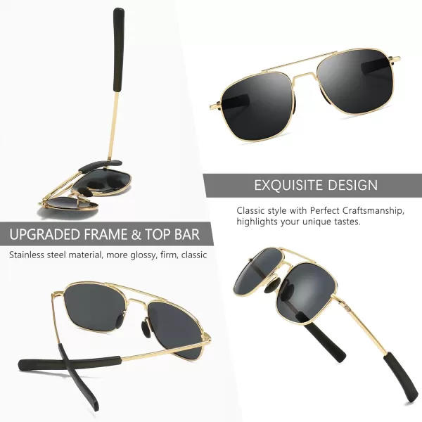 SUNGAIT Mens Military Style Polarized Pilot Aviator Sunglasses Bayonet TemplesGold FrameGray Lens