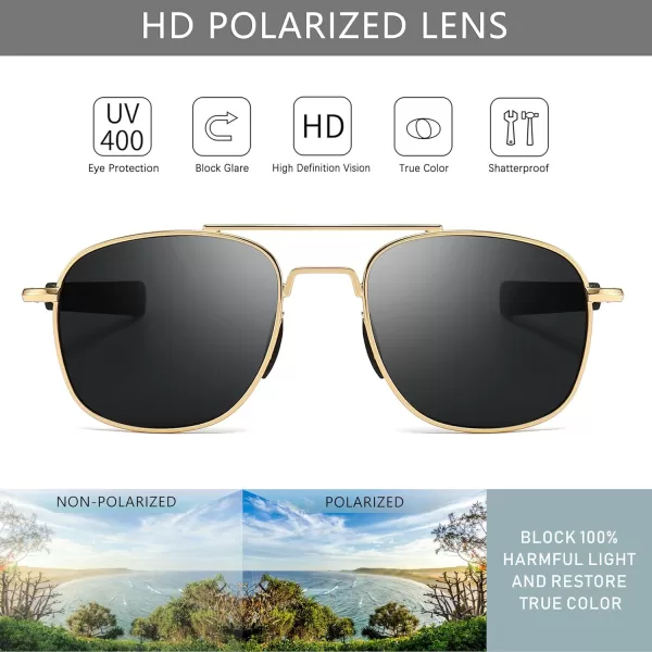 SUNGAIT Mens Military Style Polarized Pilot Aviator Sunglasses Bayonet TemplesGold FrameGray Lens