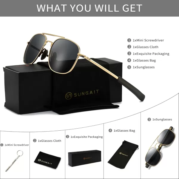 SUNGAIT Mens Military Style Polarized Pilot Aviator Sunglasses Bayonet TemplesGold FrameGray Lens