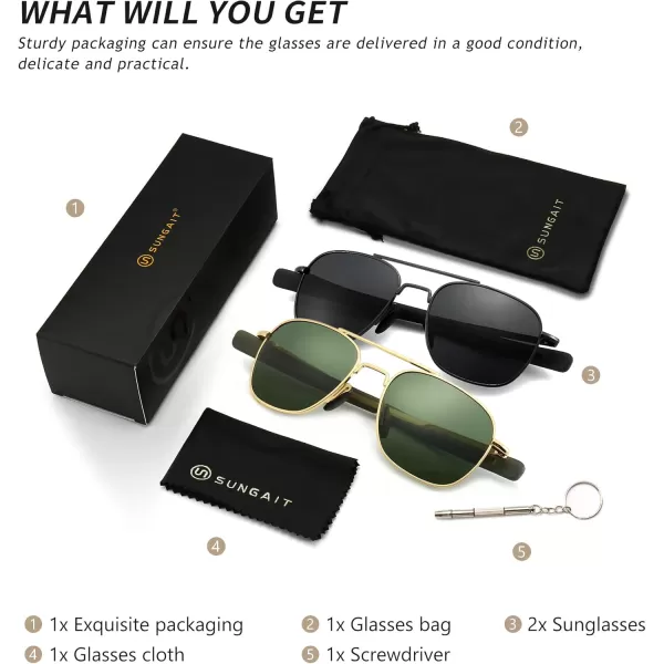 SUNGAIT Mens Military Style Polarized Pilot Aviator Sunglasses Bayonet TemplesGoldDark Green  GunmetalGray