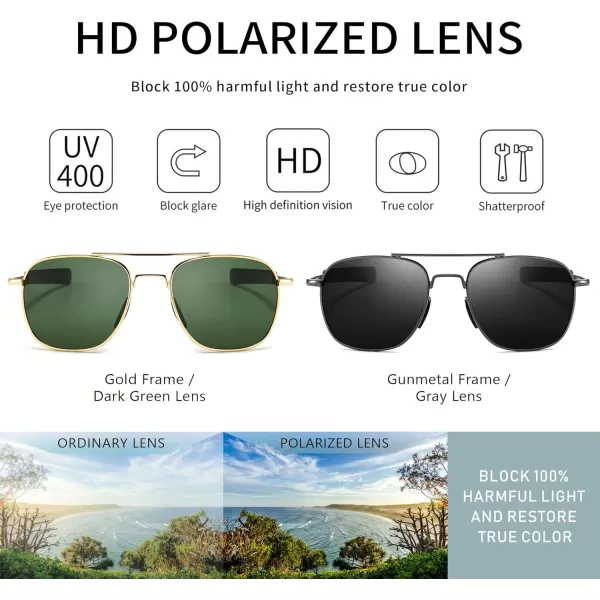 SUNGAIT Mens Military Style Polarized Pilot Aviator Sunglasses Bayonet TemplesGoldDark Green  GunmetalGray