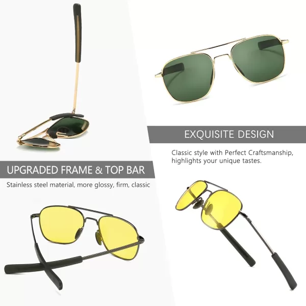 SUNGAIT Mens Military Style Polarized Pilot Aviator Sunglasses Bayonet TemplesGoldDark Green  GunmetalYellow