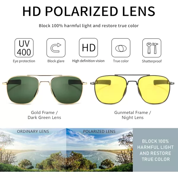 SUNGAIT Mens Military Style Polarized Pilot Aviator Sunglasses Bayonet TemplesGoldDark Green  GunmetalYellow