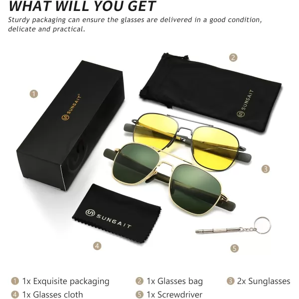 SUNGAIT Mens Military Style Polarized Pilot Aviator Sunglasses Bayonet TemplesGoldDark Green  GunmetalYellow
