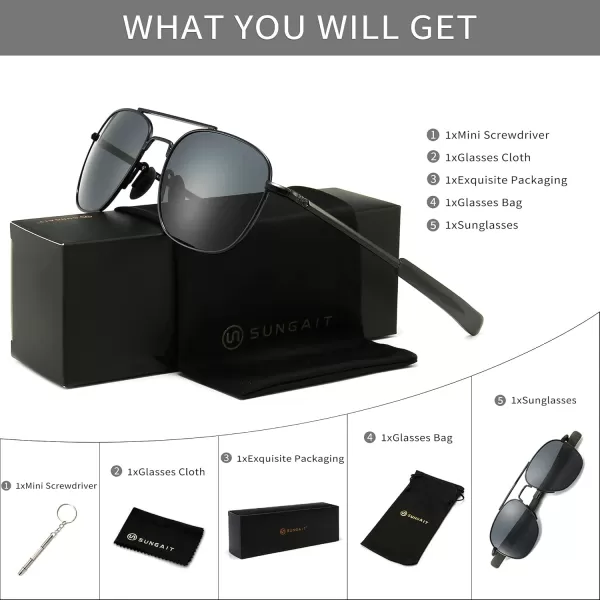 SUNGAIT Mens Military Style Polarized Pilot Aviator Sunglasses Bayonet TemplesGray LensBlack Frame