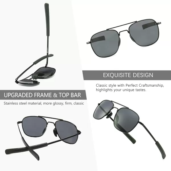 SUNGAIT Mens Military Style Polarized Pilot Aviator Sunglasses Bayonet TemplesGray LensBlack Frame