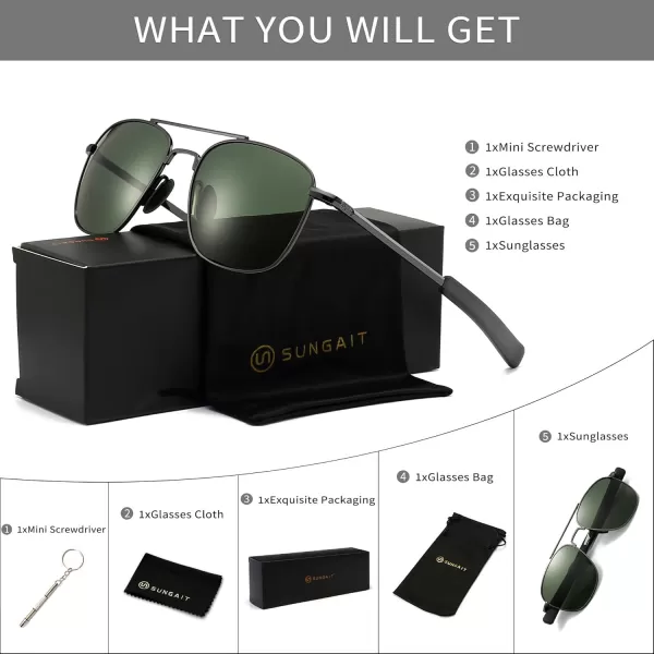 SUNGAIT Mens Military Style Polarized Pilot Aviator Sunglasses Bayonet TemplesGunmetal FrameDark Green Lens