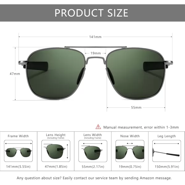 SUNGAIT Mens Military Style Polarized Pilot Aviator Sunglasses Bayonet TemplesGunmetal FrameDark Green Lens