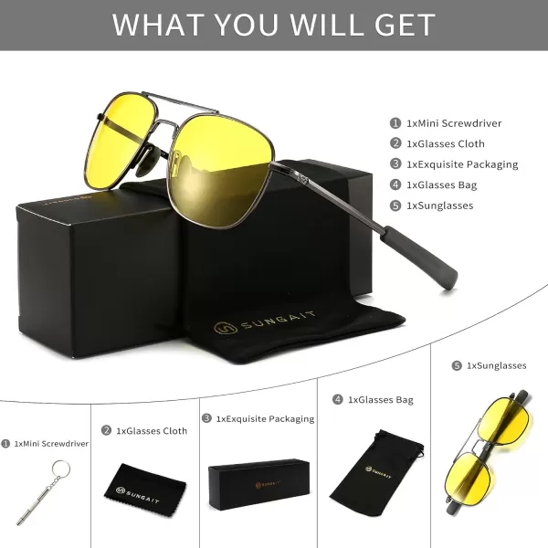 SUNGAIT Mens Military Style Polarized Pilot Aviator Sunglasses Bayonet TemplesNight LensGunmetal Frame