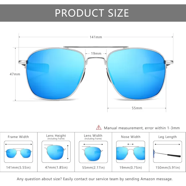 SUNGAIT Mens Military Style Polarized Pilot Aviator Sunglasses Bayonet TemplesSilver FrameBlue Mirrored Lens